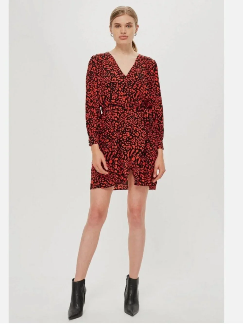 Topshop • Red Leopard Prind Wrap Mini Dress - Picture 3 of 10